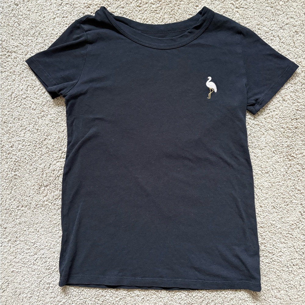 Sunday Best Black T Shirt With Embroidered Flamingo Size XXS